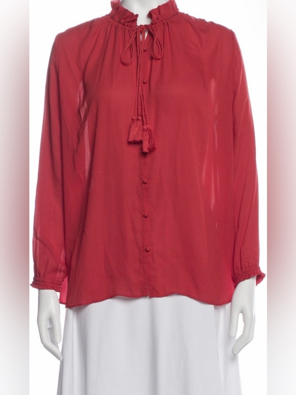 Maje Red Ruffled Tie-Neck Long Sleeve Blouse
